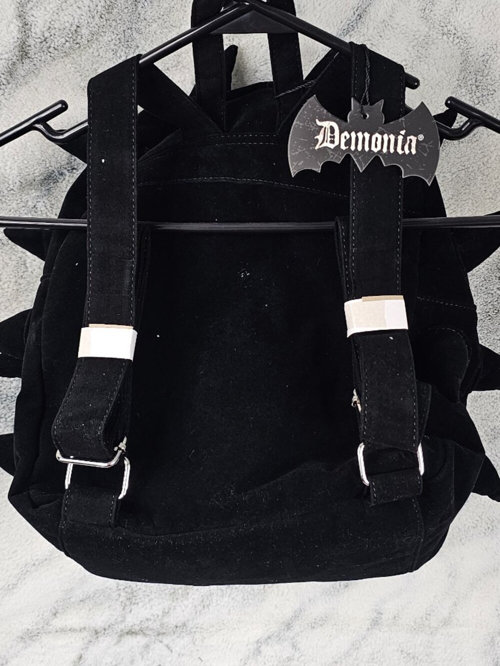 Demonia Black Velvet Spiked Mini Backpack Soft Cone Spikes Pocket Goth Punk NEW - Picture 5 of 9